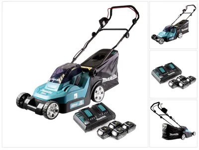 Produktbild von Makita DLM 432 PG4 Akku Rasenmäher 36 V ( 2x 18 V ) 43 cm + 4x Akku 6,0 Ah + Doppel Ladegerät