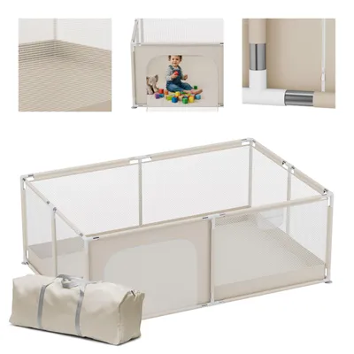 Produktbild von Laufstall Laufgitter 120 x 180 cm Krabbelgitter mit atmungsaktivem Netz Playpen Tragetasche Laufgitter faltbar mit Tür von 6 bis 36 Monaten Beige