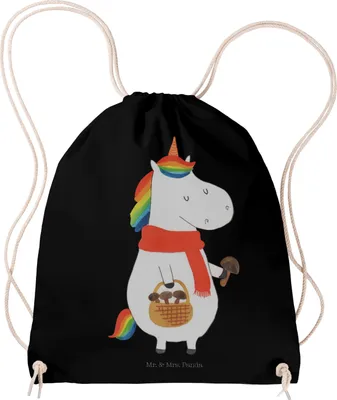 Produktbild von Mr. & Mrs. Panda Turnbeutel Einhorn Pilz - Schwarz - Geschenk, Einhörner, Liebeskummer, wander rucksack, Kleiner, Pilze, baumwoll, Spruch, Unicorn, Stoffbeutel