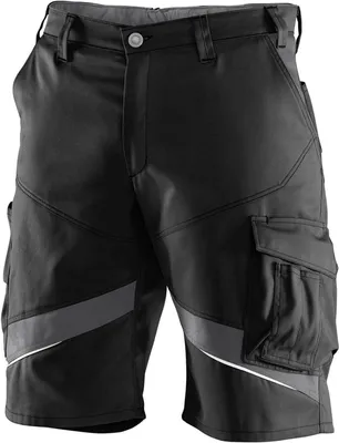 A pair of black work shorts with gray reflective stripes.