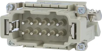 Produktbild von HARTING Han 10E Anschlussverteiler Stifteinsatz (M) ""rechts"" Schraubanschluss, 10-polig+PE 500V, 16A - 1 Stück