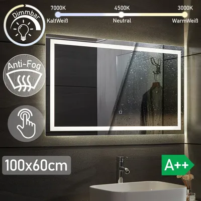 Produktbild von Aquamarin® LED Badspiegel - 100 x 60 cm, Beschlagfrei, Dimmbar, EEK A++, Energiesparend, Speicherfunktion - Badezimmerspiegel, LED Spiegel, Lichtspiegel, Wandspiegel für Bad