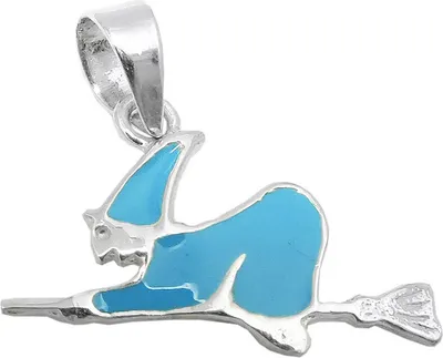 Produktbild von Anhänger Halsschmuck Hexe auf dem Besen blau lackiert 925 Silber
