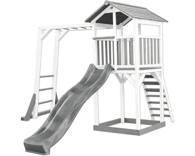 Produktbild von AXI Beach Tower Spielturm aus Holz in Weiß & Grau | Spielhaus für Kinder mit grauer Rutsche, Klettergerüst und Sandkasten | Stelzenhaus für den Garten
