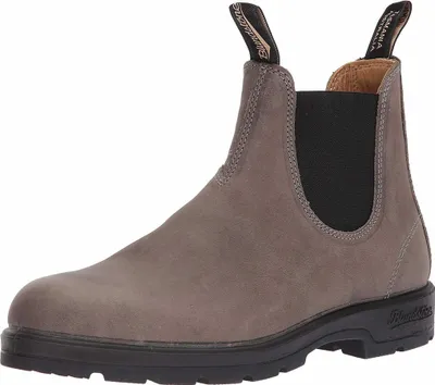A single grey Blundstone boot is shown against a white background.