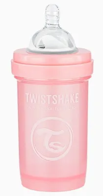 A pink baby bottle with a clear nipple and cap, set against a white background.