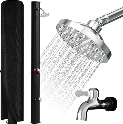 Produktbild von Izrielar Solardusche 35 Liter mit Standsäule in Schwarz – inkl. Abdeckhaube & Drain Stop (Gartendusche, Pooldusche, Camping)