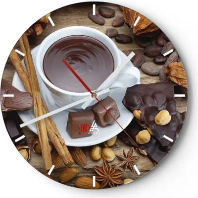 Produktbild von Wanduhr - Rund - Glasuhr - Tasse Schokolade trinken Zimt - 30x30cm - Schleichendes Uhrwerk - Lautlos - zum Aufhängen bereit - Dekoration Modern - Wanddekoration aus Glas - C3AR30x30-2488