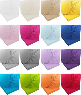 A collage of different colored fitted sheets, each folded and presented individually.