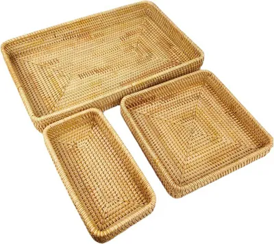 Image de Plateau rectangulaire en rotin tissé - Organisateur de panier tissé à la main - Organisation du plateau de table - Panier de rangement pour les collations - Plateau multifonctionnel - Set de 3 pièces