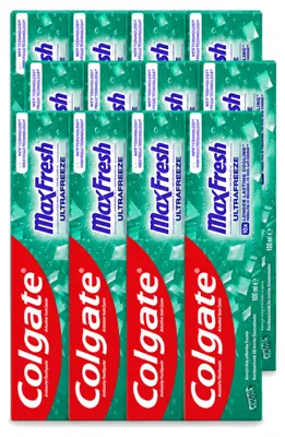 Imagen del producto de 12 unidades de pasta dental Colgate Max Fresh Clean Mint, 100 ml cada una. Paquete económico