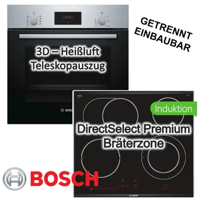 Produktbild von Bosch Herdset Einbaubackofen 3D Heißluft Teleskopauszug+ Elektrokochfeld DirectSelect PowerBoost Bräterzone