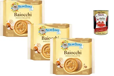 Produktbild von Italian Gourmet - Italienische Doppelkekse Baiocchi Nocciolatte mit Haselnuss Milchcreme 3 x 168 g Portionspackungen ohne Palmöl ideal als Snack Vorratspack + Italian Gourmet polpa