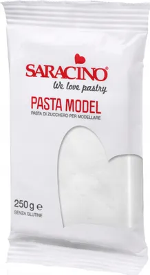 A white packaging bag for Saracino Pasta Model, a gluten-free sugar paste for modeling.