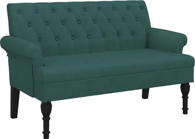 A studio shot of a dark green loveseat.