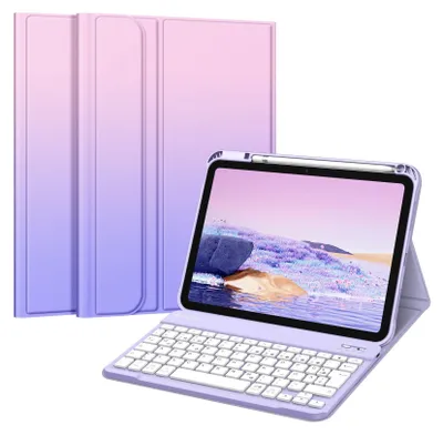 A tablet with a keyboard case and stylus.