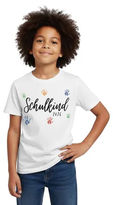 Produktbild von Spreadshirt Schulkind 2026 Bunte Handabdrücke Einschulung Kinder T-Shirt, 122/128 (7-8 Jahre), Weiß