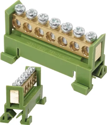 A product shot of a green terminal block with brass connectors and screws, with a smaller inset view of the same product.