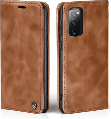 A brown leather flip case for a smartphone, shown from the front and back.