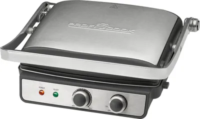 Produktbild von Profi Cook Kontaktgrill PC-KG 1029 im Edelstahl-Gehäuse, 180° Öffnung zum Grillen auf doppelter Fläche, Grill für Steak/Panini, antihaftbeschichteter Sandwichmaker, silber