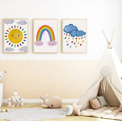 Produktbild von Bunte Wolken Sonne Regenbogen Bilder 3er Set DIN A4 Kinderzimmer Wandbilder Babyzimmer Poster Dekoration