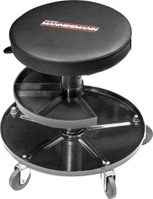 Imagen del producto de Taburete de taller ajustable en altura, con espacio para herramientas y asiento acolchado. Taburete con ruedas para taller, garaje y montaje. Modelo: M00355