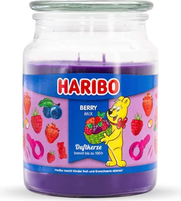 Produktbild von Haribo™ Duftkerze Berry Mix, 2 Dochte, HxD: 13 x 10 cm, 100h Brenndauer, Kerze im Glas, Himbeer, Erdbeer & Apfel, lila