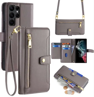 Produktbild von Handykette Samsung Hülle mit Band Handyhülle Kartenfächer Kunstleder Umhängetasche Galaxy S22 Ultra Grau