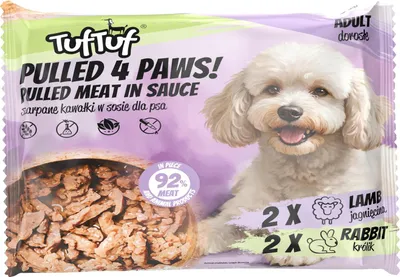 Obrázek produktu pro Tuftuf | Kousky mokrého krmiva – 4×100 g – směs jehněčího a králičího masa – 82 % vlhkosti – sáček