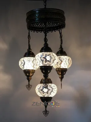 Image de Suspension turque Mozaik Lustre marocain fait main Blanc 4 boules en verre