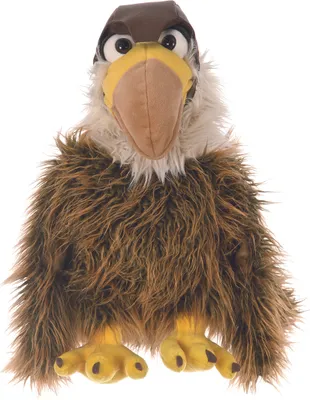 A stuffed eagle puppet with fluffy brown and white feathers, a yellow beak, and black eyes, presented against a white background.
