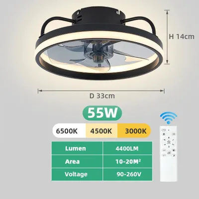Obrázok produktu pre Inteligentný stropný ventilátor s LED osvetlením – stropné svietidlo 55W, priemer 33 cm – diaľkové ovládanie – ovládanie cez aplikáciu – vhodný do spálne/obývačky – čierna farba