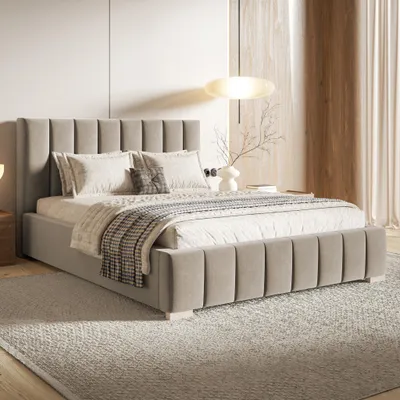 Produktbild von MOTIVENA Vigo Polsterbett 180x200 mit Bettkasten, Holz Lattenrost, Bett 180x200 Beige Samt (Jasmine 24)
