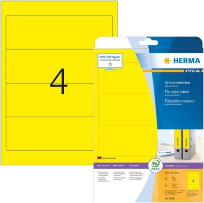 Produktbild von HERMA Ordneretiketten A4 192x61 mm gelb Papier matt blickdicht 80 St., Gelb, Selbstklebendes Druckeretikett, A4, Papier, Laser/Inkjet, Permanent