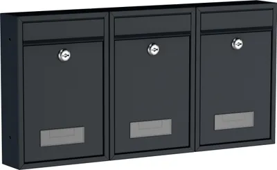 A set of three dark gray mailboxes mounted on a wall.