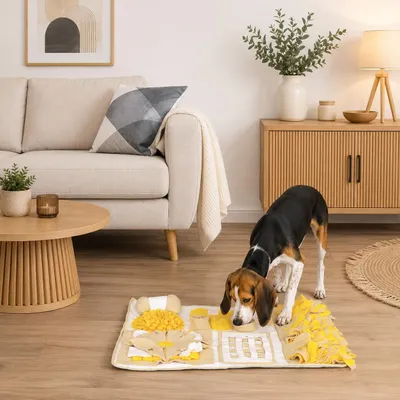 Produktbild von belviona Schnüffelmatte für Hunde, Intelligenzspielzeug zur Futtersuche, fördert Geruchssinn & Konzentration, 70x60 cm, gelb/braun, KI-generiertes Bild