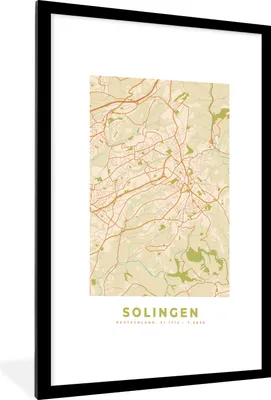 Produktbild von MuchoWow® Gerahmtes Poster Stadtplan - Solingen - Vintage - Stadtplan 60x90 cm - Poster mit Schwarzem Bilderrahmen Wandposter Rahmen Foto Bilder - Dekoration - Wandposter Wohnzimmer - Hochwertig