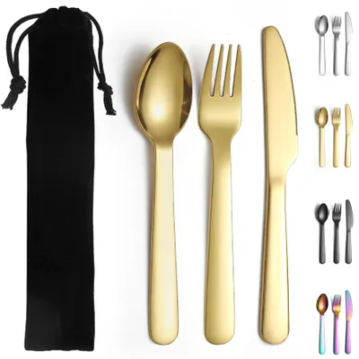 Image de Set de couverts de camping avec couteau, fourchette et cuillère en or titane