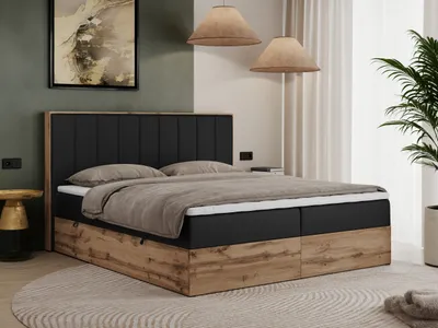 Produktbild von MKS MEBLE Boxspringbett 200x200 mit Bettkasten Eiche, Polsterbett 200x200 mit Matratze H3, Bett 200x200 mit Kopfteil, Bett mit Holzrahmen in Wotan Eiche - Schwarz Kunstleder - Bellissimo