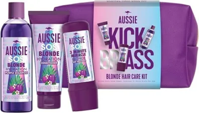 Produktbild von Aussie Geschenkset, SOS Blonde, Shampoo + Pflegespülung + Intensivpflege, mit austalischem Manuka-Blatt & Wildpflaume, für blondes Haar, tierversuchsf