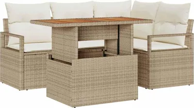 Image de Ensemble de salon de jardin vidaXL, 5 pièces, en polyrotin beige