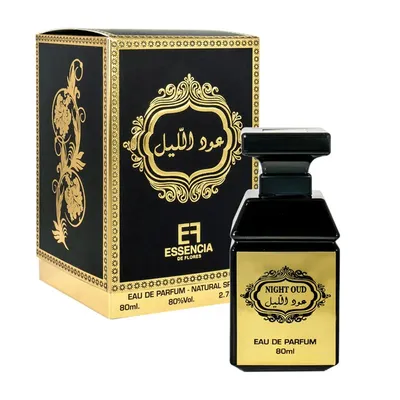 A perfume bottle and its packaging are displayed against a white background.