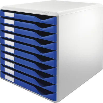 Produktbild von Schubladenbox 10 Schubladen DIN A4 berbreite Polystyrol Gehusefarbe: lichtgrau Farbe der Schublade: blau