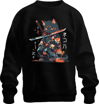 Produktbild von Samurai Katze Katana Kimono Kawaii Neko Japanisch Retro Manga Uni Sweatshirt Pullover, Schwarz, 3XL