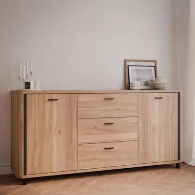 Produktbild von Forte FALAM Sideboard 160 170, zeitgenössisches Sideboard mit 2 Türen, 3 Schubladen, Wohn- & Schlafzimmer, Holzwerkstoff, Mauvella Eiche Holzdekor, Schwarz, 164,4 cm breit x 78 cm hoch x 42 cm tief