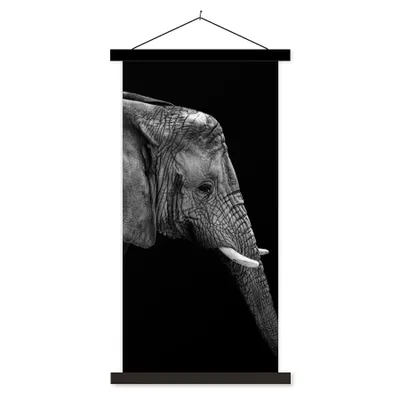 Produktbild von MuchoWow® Textilposter Elefant - Schwarz und weiß - Porträt - Tiere 60x120 cm mit schwarzem Rahmen - Magnete