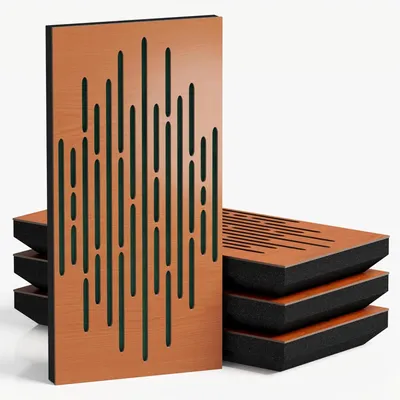 Productafbeelding van Set van 10 smalle akoestische panelen WAVE-F, 50x25x5 cm, kersenhout/groen