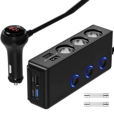 Obrázek produktu pro Autonabíječky – 120W adaptér s technologií QC3.0 pro rychlé nabíjení, rozbočovač se 3 zásuvkami, 12–24 V, 4 USB porty, displej s údajem o napětí a vypínač – pro osobní automobily, nákladní vozy a SUV