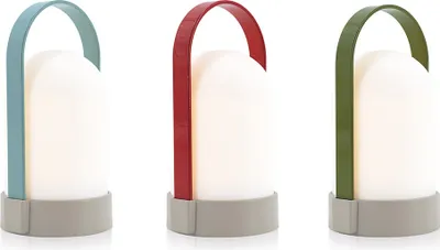 Three portable LED lanterns with handles in different colors.