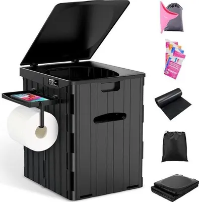 Immagine prodotto di WC da campeggio, WC portatile per adulti con base stabile e comoda seduta, WC pieghevole con coperchio e portarotolo, ideale per il campeggio, i viaggi e l'auto